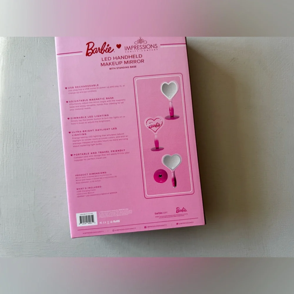 NIB Barbie LED Handheld Makeup Mirror with Standing Base
